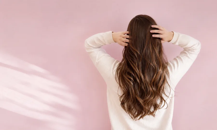 髪を触る後ろ姿の女性を写した「ヘアケアなら」用イメージバナー