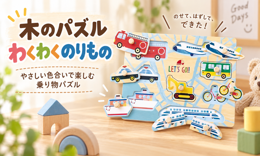 木のパズル わくわくのりものをモチーフに、やさしい色合いの乗り物パズルが並ぶ温かみのあるアイキャッチ画像